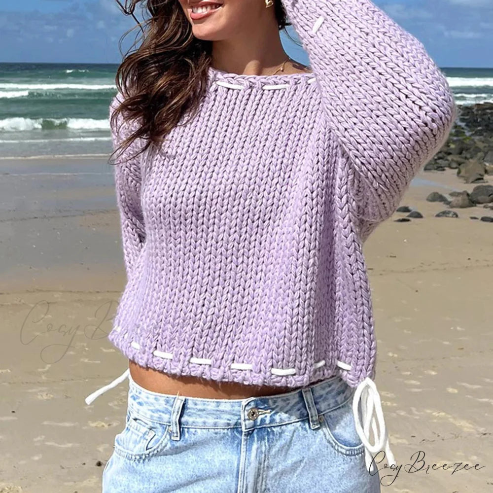 Drawstring Loose Long Sleeve Sweater PURPLE / S swraters-241228