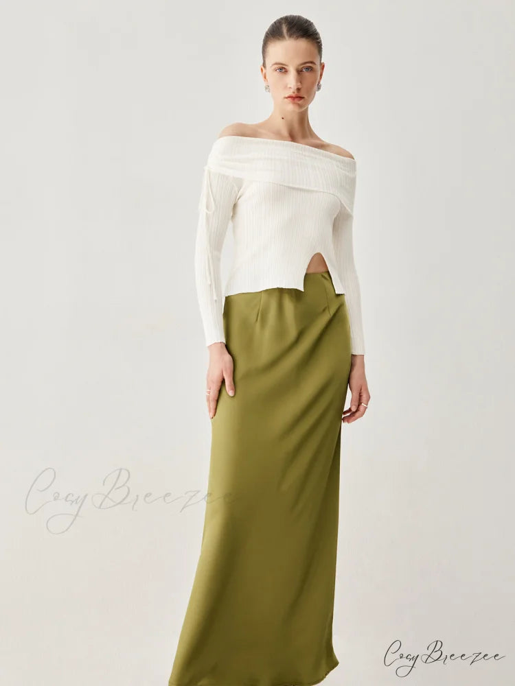 Drawstring Overfold Off Shoulder Modern Slit Ribbed Knit Top