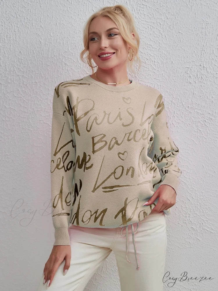 Drawstring Round Neck Sweater Beige / One Size