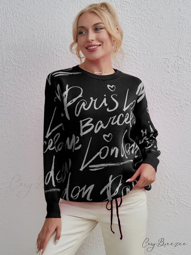 Drawstring Round Neck Sweater Black / One Size