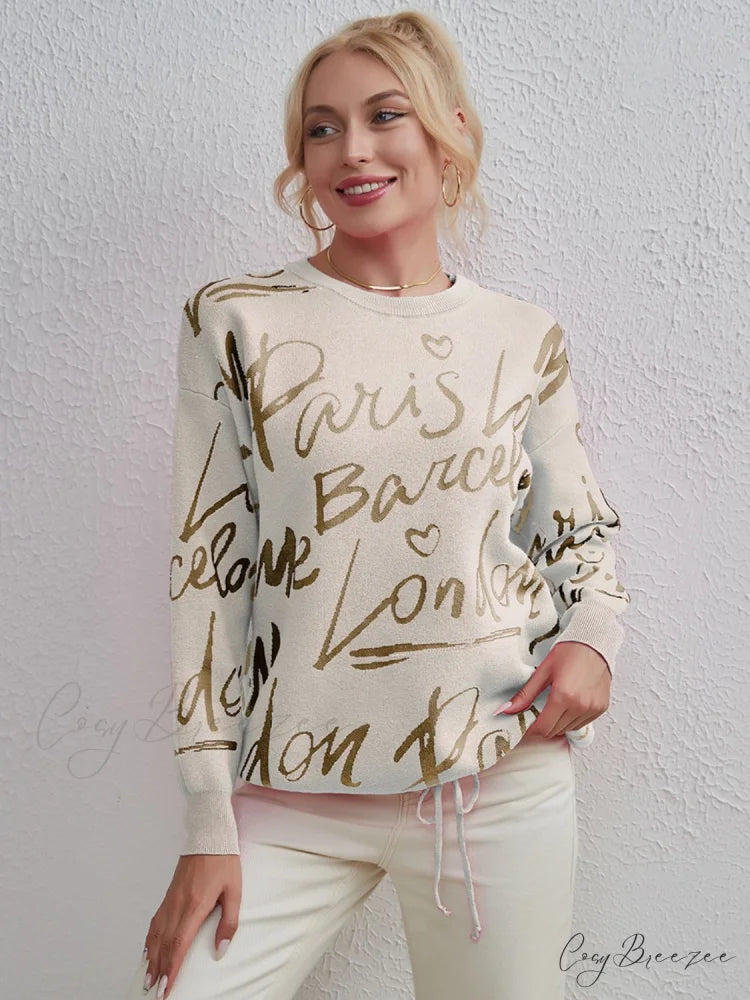 Drawstring Round Neck Sweater Ivory / One Size