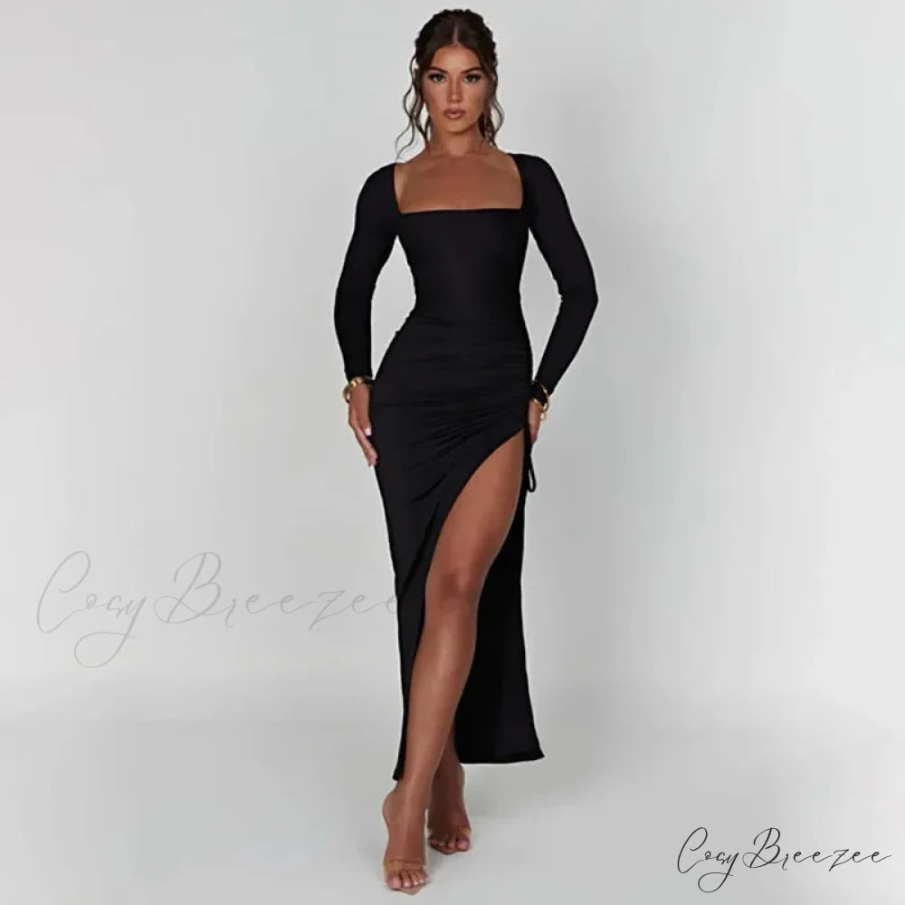 Drawstring Ruched High-split Club-ready Square-necked Long-sleeved Sensual Midi Dress