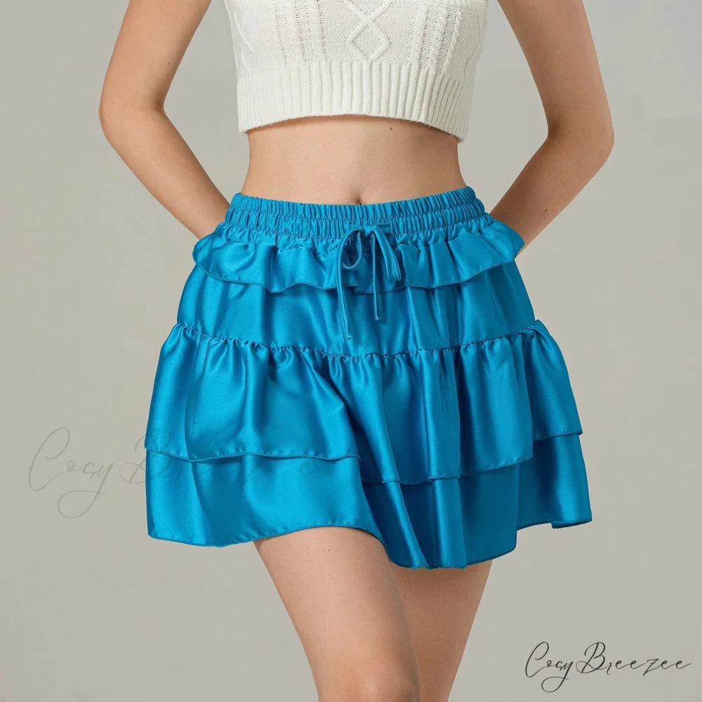 Drawstring Stacked Flounces Skirt Blue / S skirts-250223
