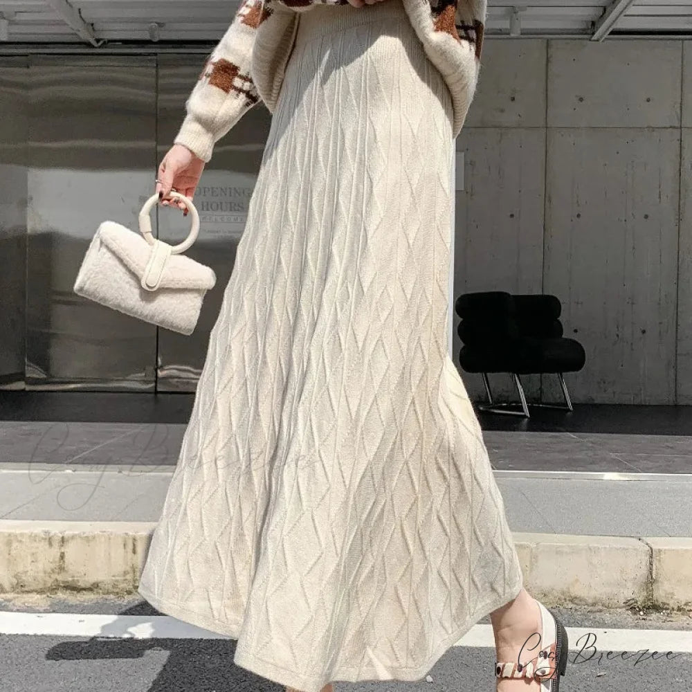 Drooping Elegant A-line High Waist Slim Woolen Comfortable Trendy Long Skirt WHITE / One Size