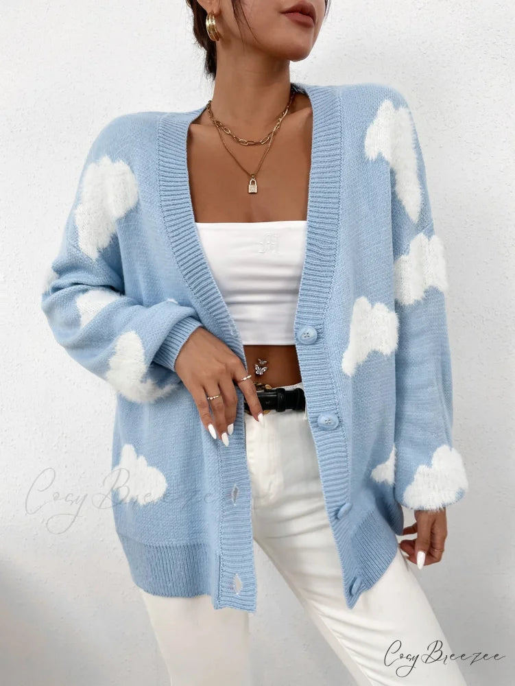Drop Shoulder Cloud Pattern Cardigan