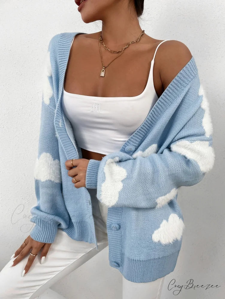Drop Shoulder Cloud Pattern Cardigan