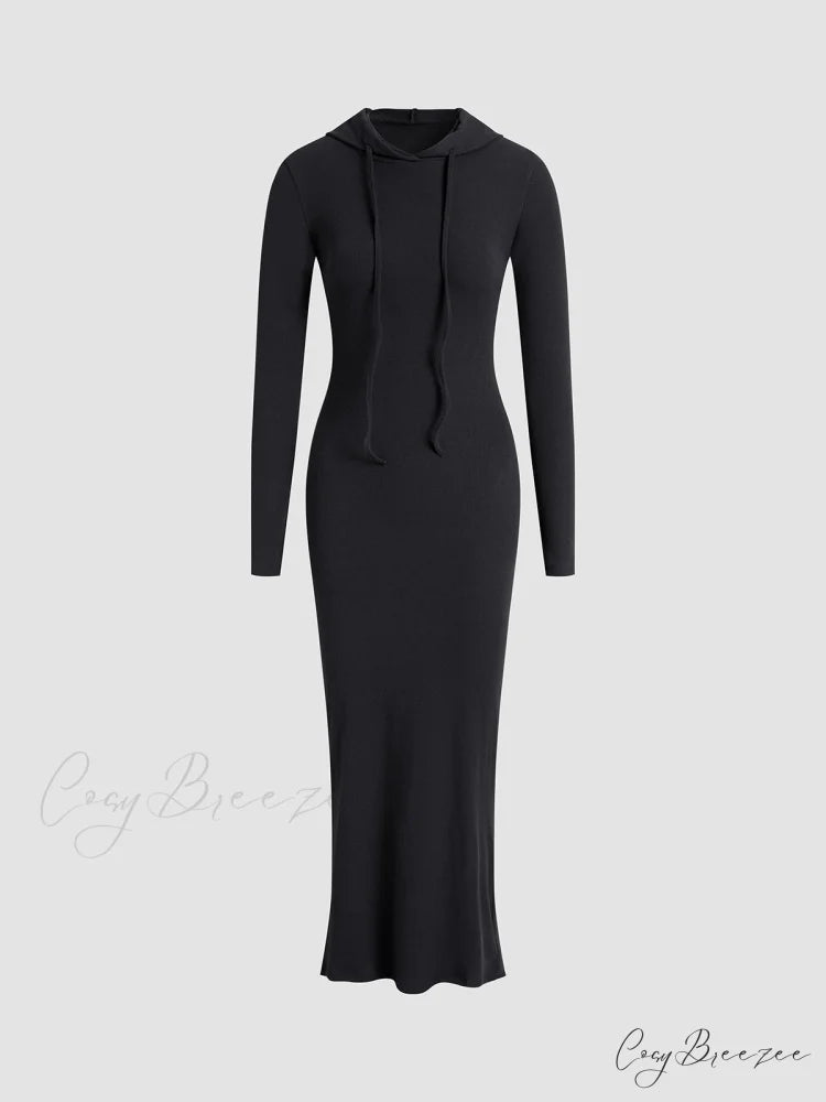 Drop Shoulder Graceful Drawstring Hooded Dress