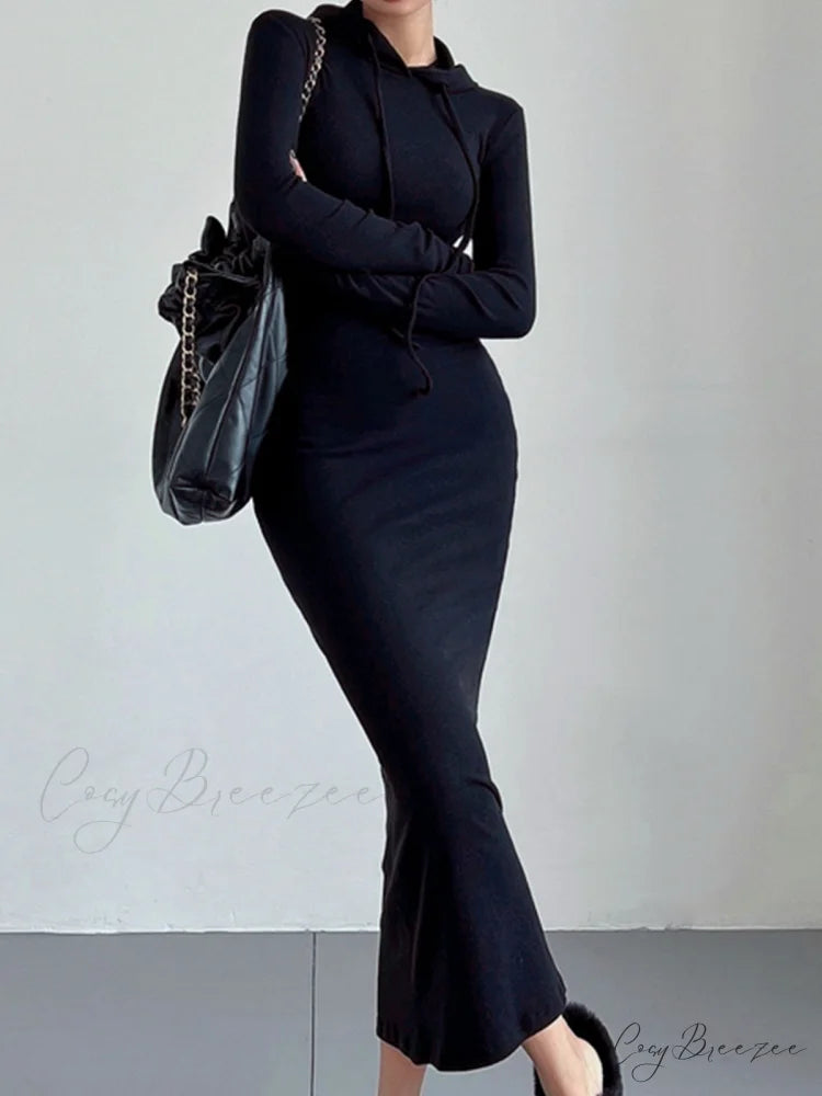 Drop Shoulder Graceful Drawstring Hooded Dress Black / XS