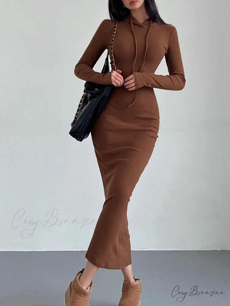 Drop Shoulder Graceful Drawstring Hooded Dress Light Brown / XS
