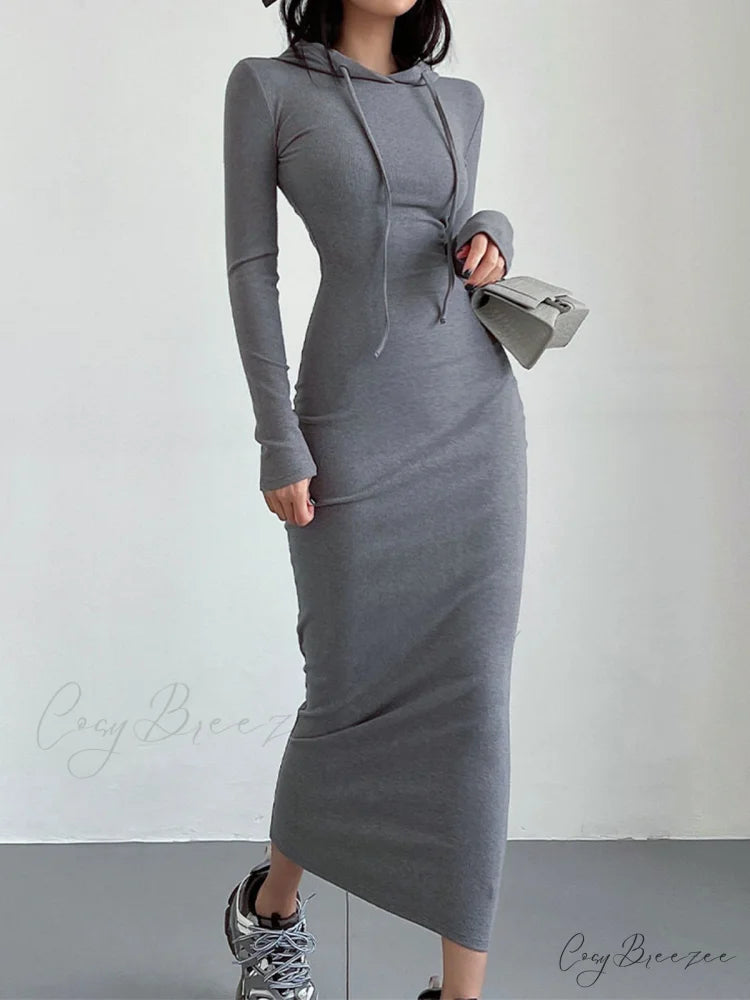 Drop Shoulder Graceful Drawstring Hooded Dress Light Grey / XS