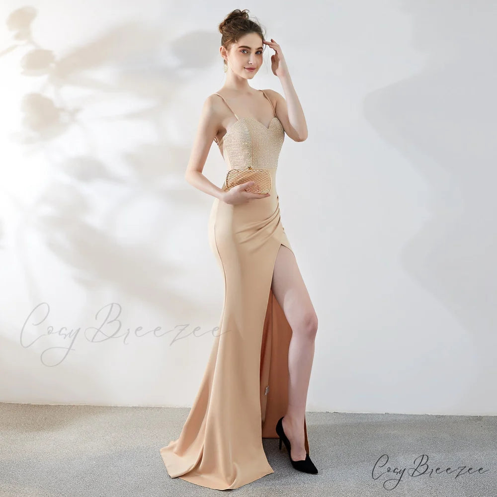 Dulce Hot Stone Charming Sling Long Dress APRICOT / XS
