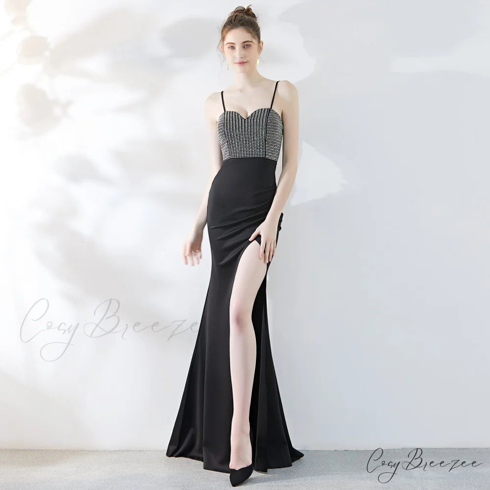 Dulce Hot Stone Charming Sling Long Dress BLACK / XS