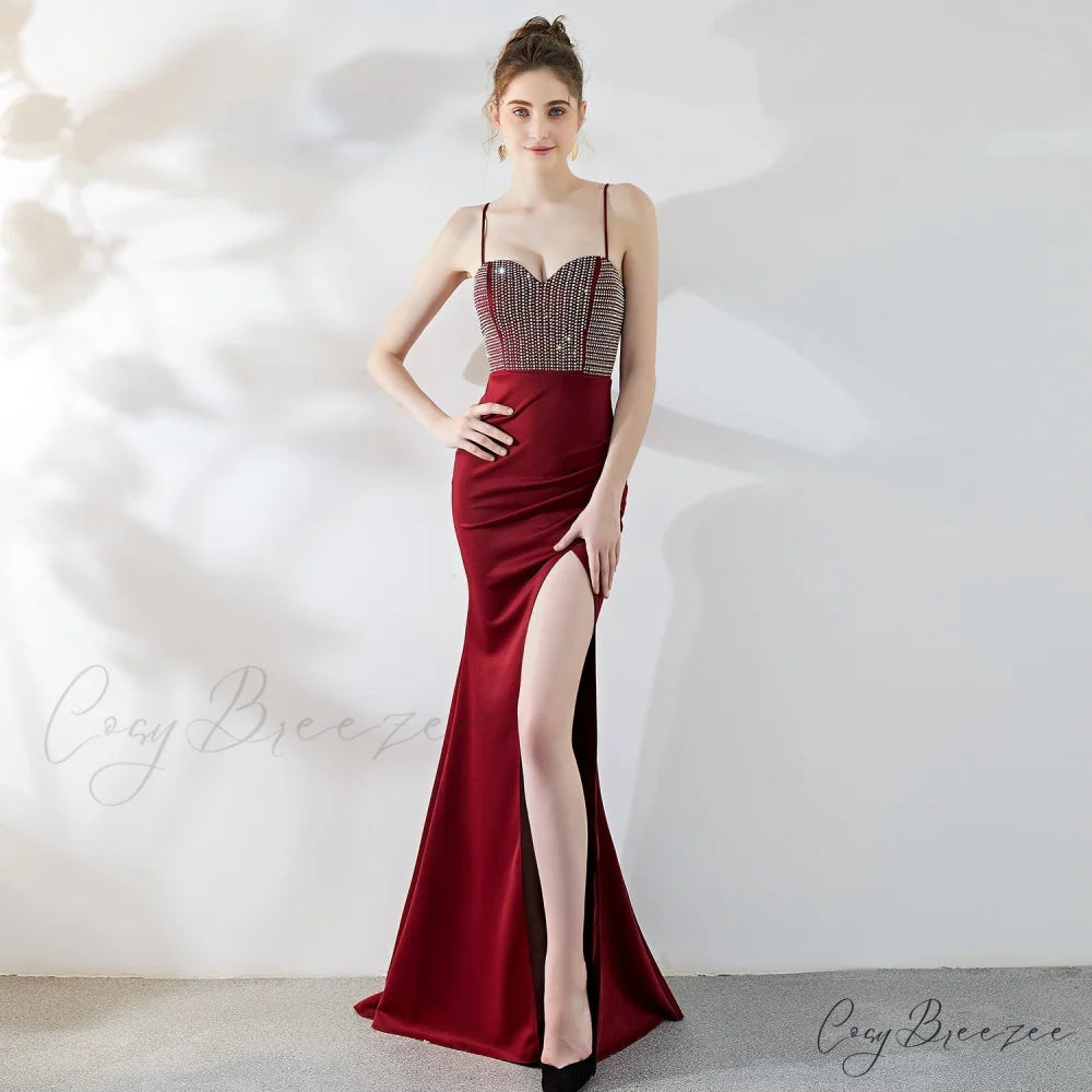 Dulce Hot Stone Charming Sling Long Dress BURGUNDY / XS