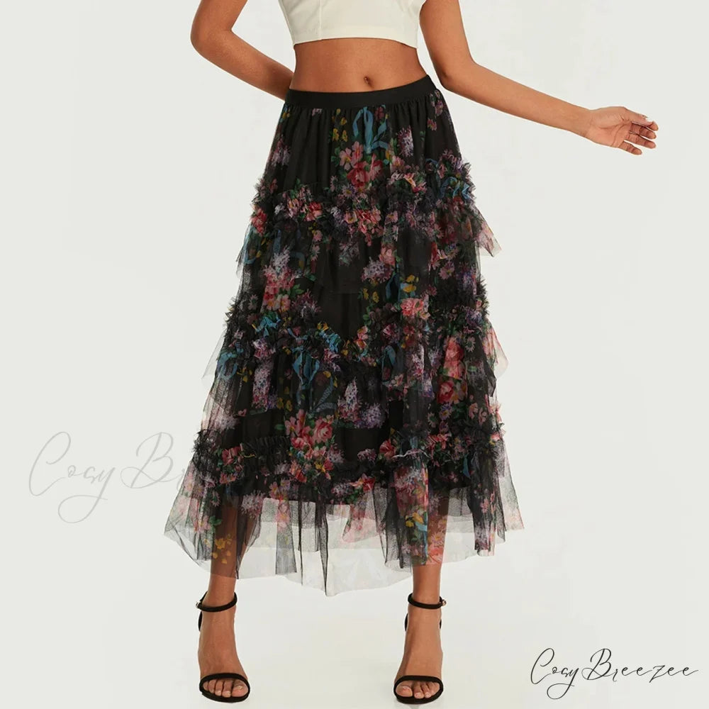 Early Fall Floral Print Ruffle Mesh Skirt Women A-line Midi skirt-250126