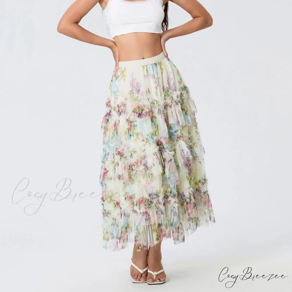 Early Fall Floral Print Ruffle Mesh Skirt Women A-line Midi skirt-250126
