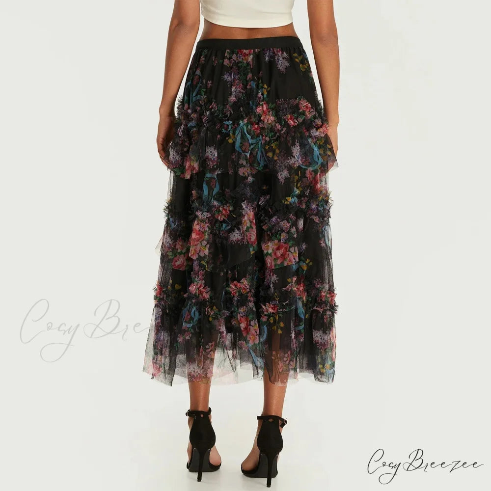 Early Fall Floral Print Ruffle Mesh Skirt Women A-line Midi skirt-250126