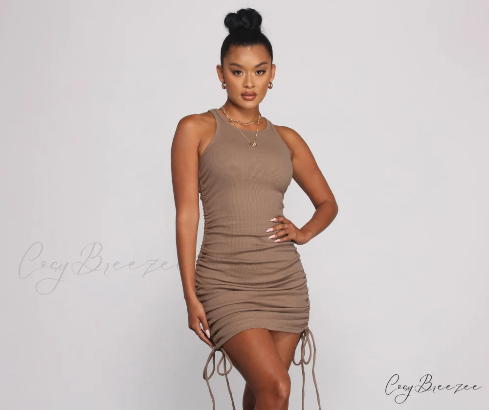 Effortless Everyday Ruched Charming Knit Mini Dress MOCHA / S