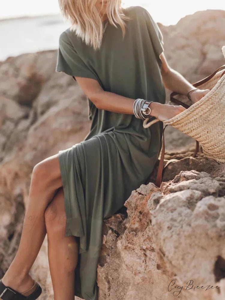 Effortless Open Sleeve Slit Graceful Oversized T-shirt Midi Dress