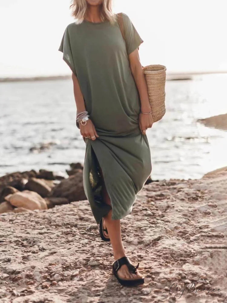 Effortless Open Sleeve Slit Graceful Oversized T-shirt Midi Dress Olive / S