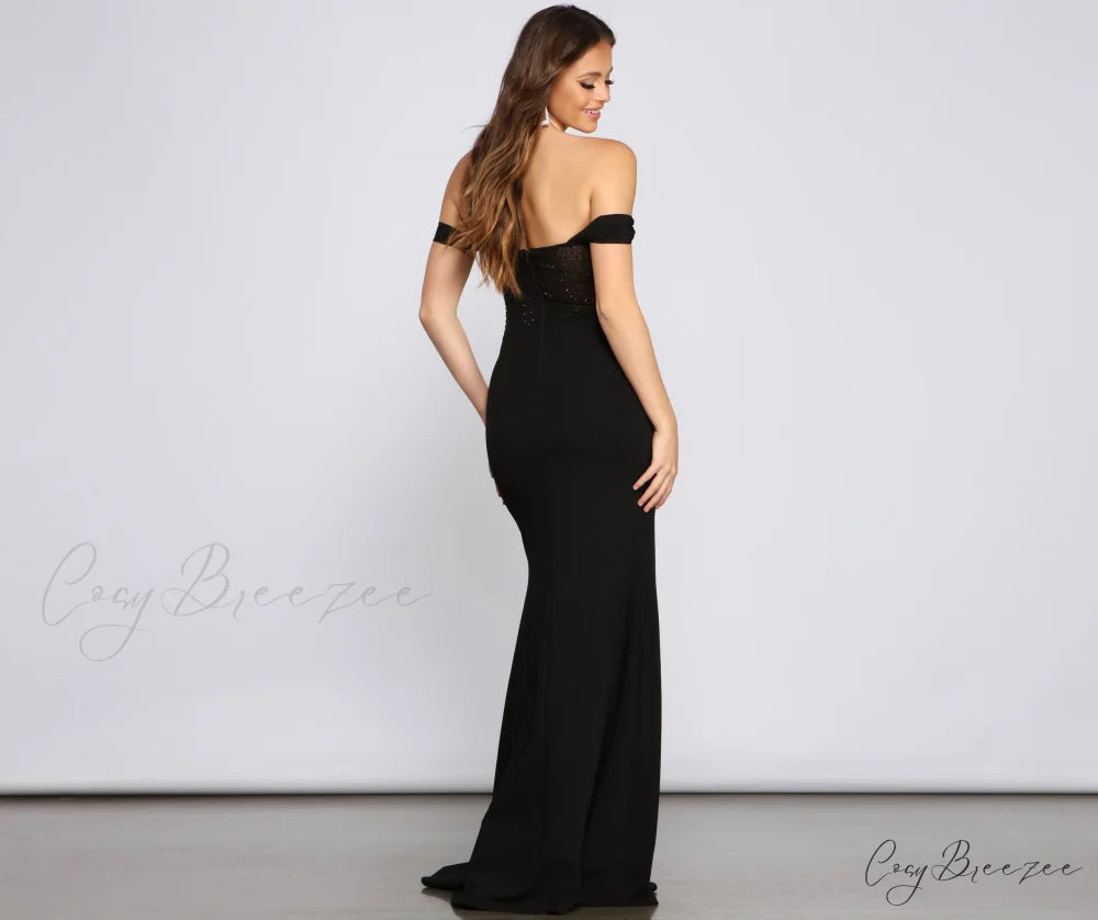 Elandra Formal Off The Graceful Shoulder Heat Stone Dress