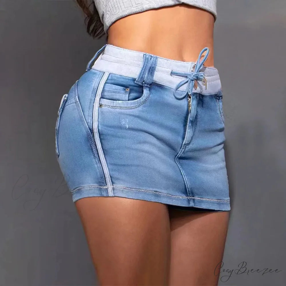Elastic Cargo Wrap Denim Skirt Blue / S skirts-250223
