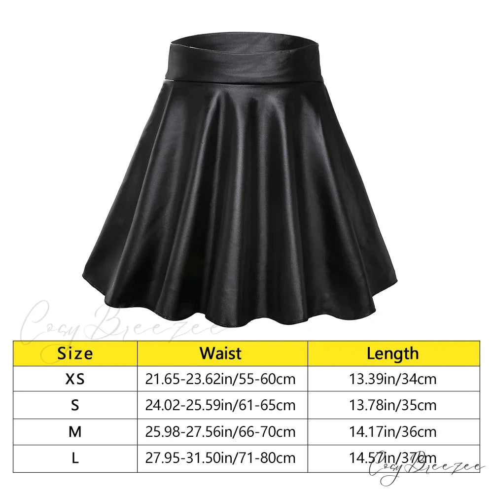 Elastic High Waist Faux Leather Skater Comfortable Stylish Chic Mini Skirt Black / L