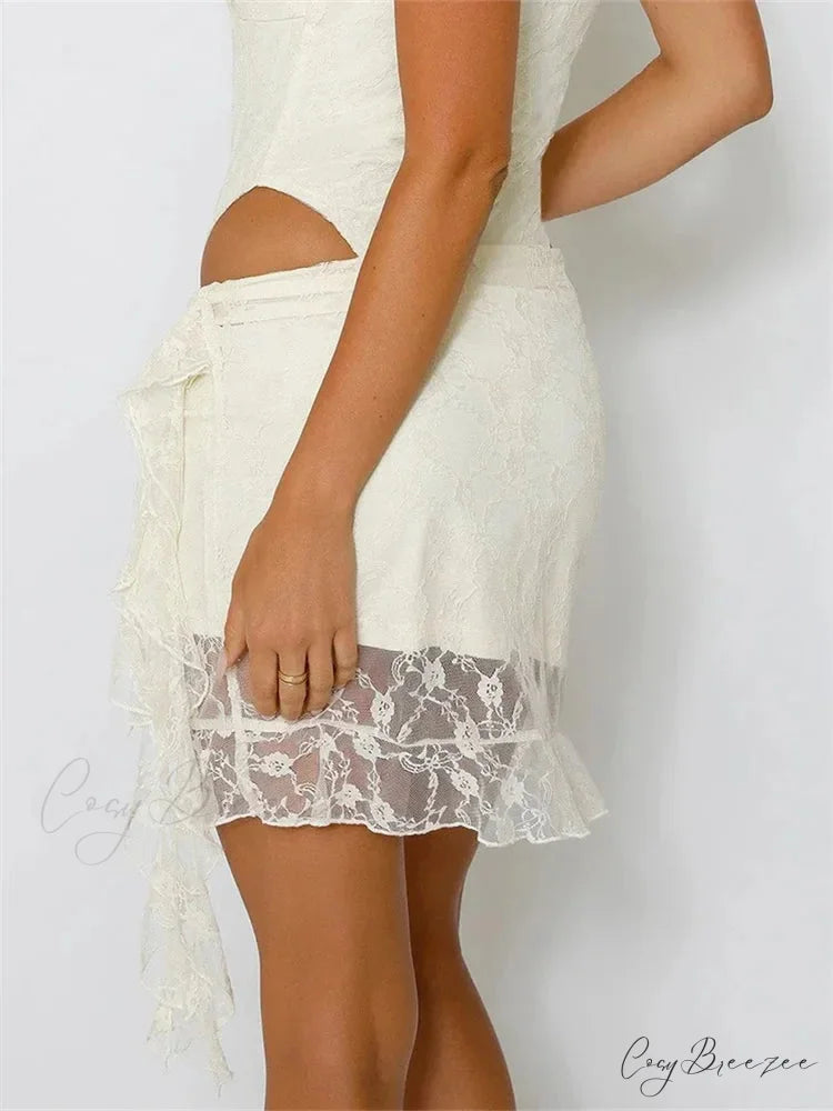 Elastic Low Waist Lace Floral Mini Skirt Irregular Hem Skirt skirt-250126