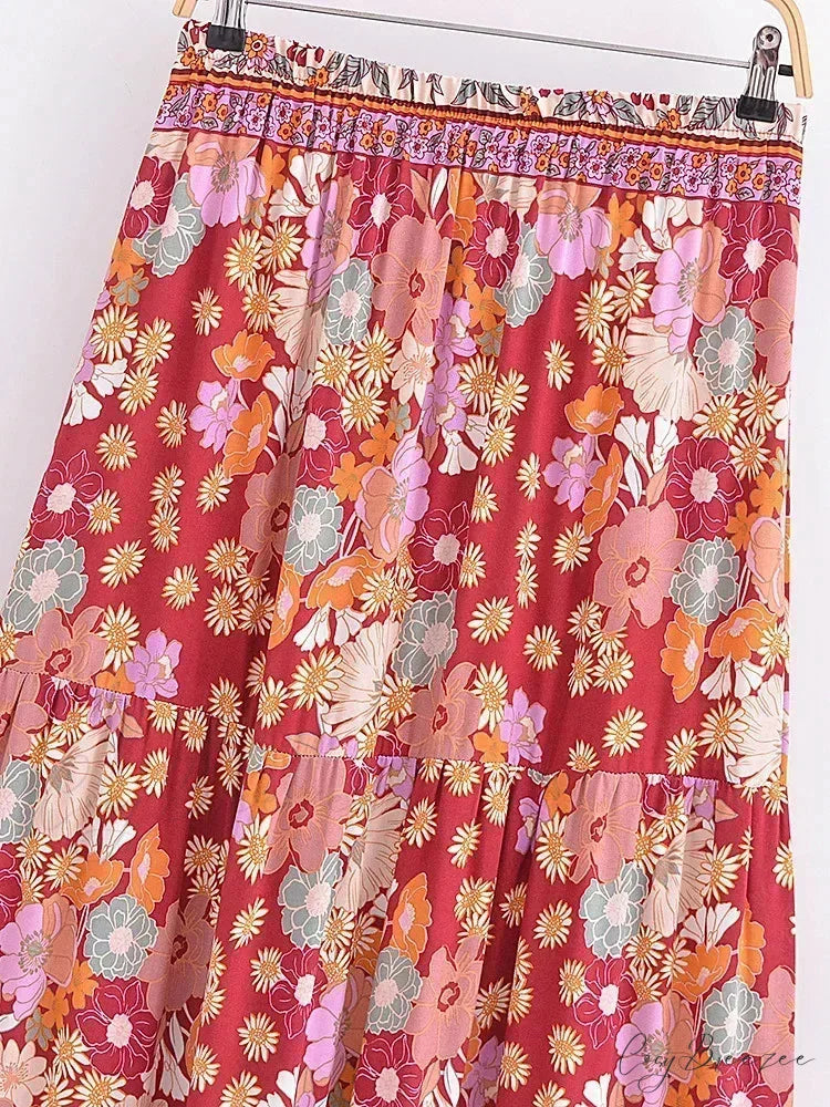 Elastic Waist Floral Printed Beach Boho Pleated Maxi Skirt skirt-250126