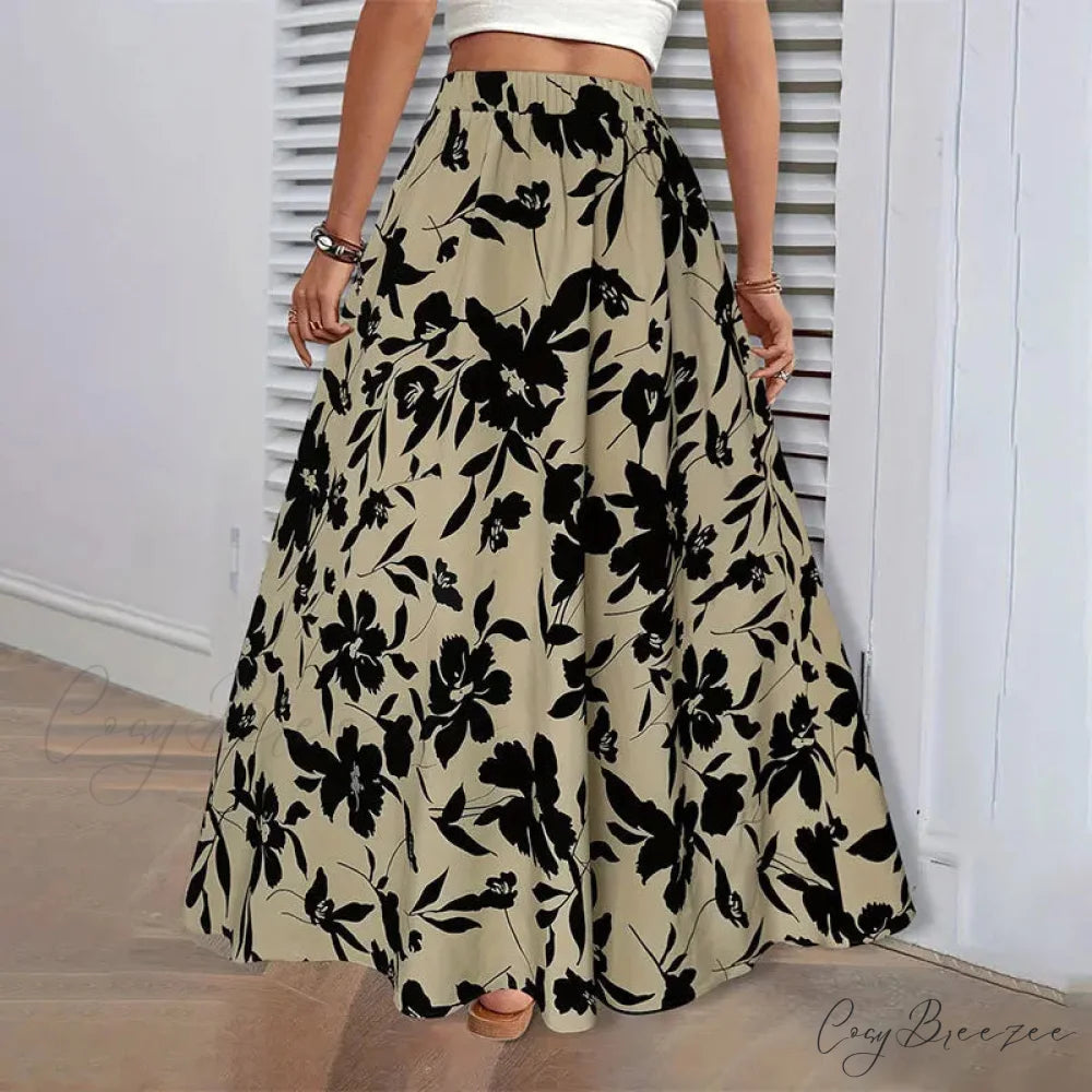 Elastic Waist Flowers Printed Women’s A-line Skirt Summer Elegant skirt-250126