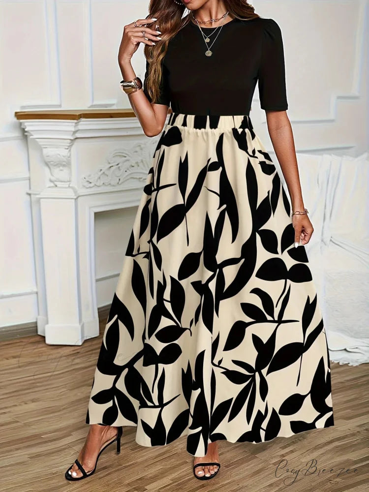 Elastic Waist Flowers Printed Women’s A-line Skirt Summer Elegant White / S skirt-250126