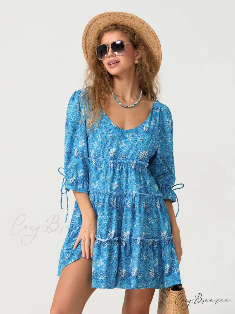 Elbow Puff Sleeve V-Neck Tiered Floral Dress floraldress-250126