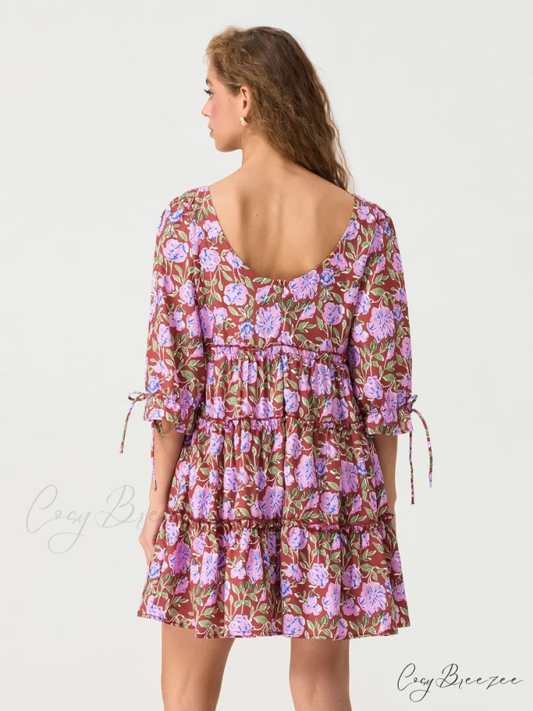 Elbow Puff Sleeve V-Neck Tiered Floral Dress floraldress-250126