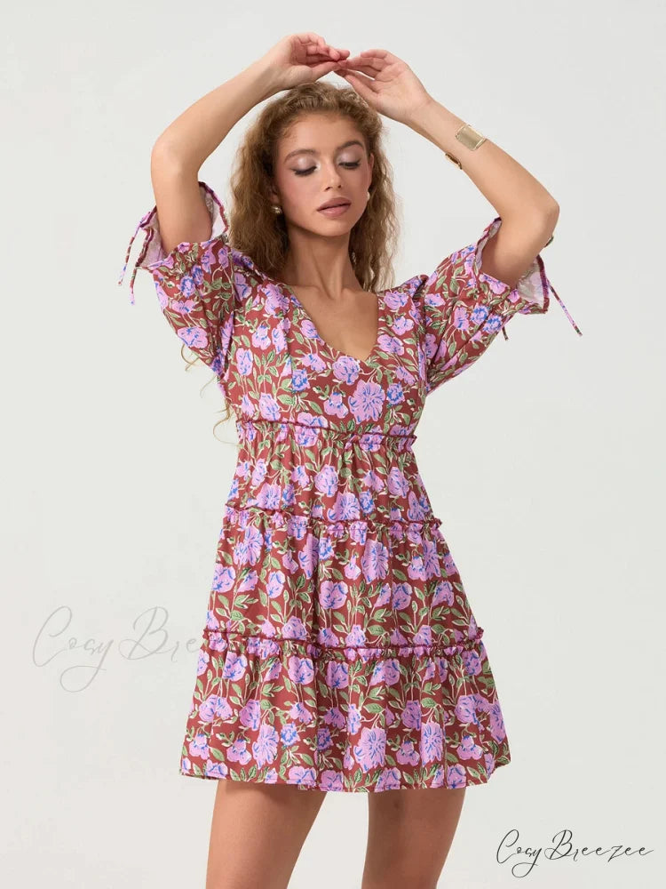 Elbow Puff Sleeve V-Neck Tiered Floral Dress PURPLE / S floraldress-250126