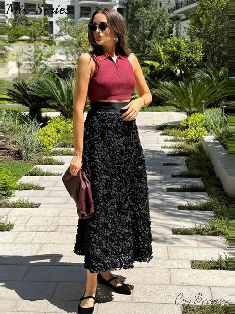 Elegant 3D Flower Solid A-Line Elastic High Waist Skirt skirt-250126