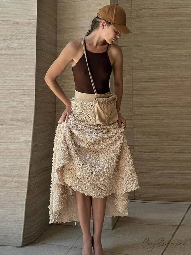 Elegant 3D Flower Solid A-Line Elastic High Waist Skirt skirt-250126