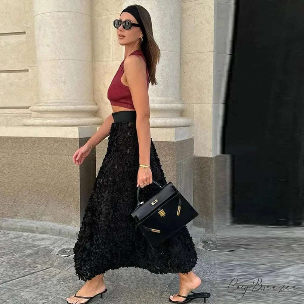 Elegant 3D Flower Solid A-Line Elastic High Waist Skirt Black / S skirt-250126