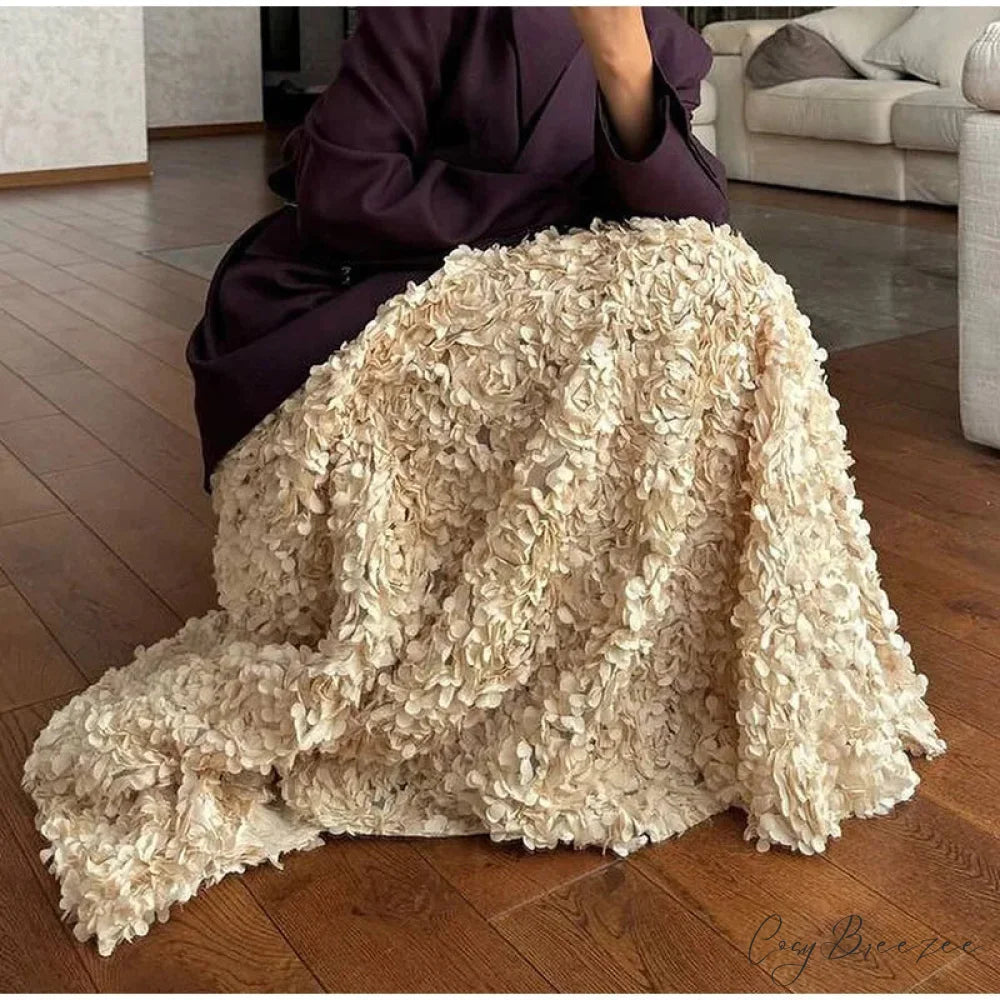 Elegant 3D Flower Solid A-Line Elastic High Waist Skirt Khaki / S skirt-250126