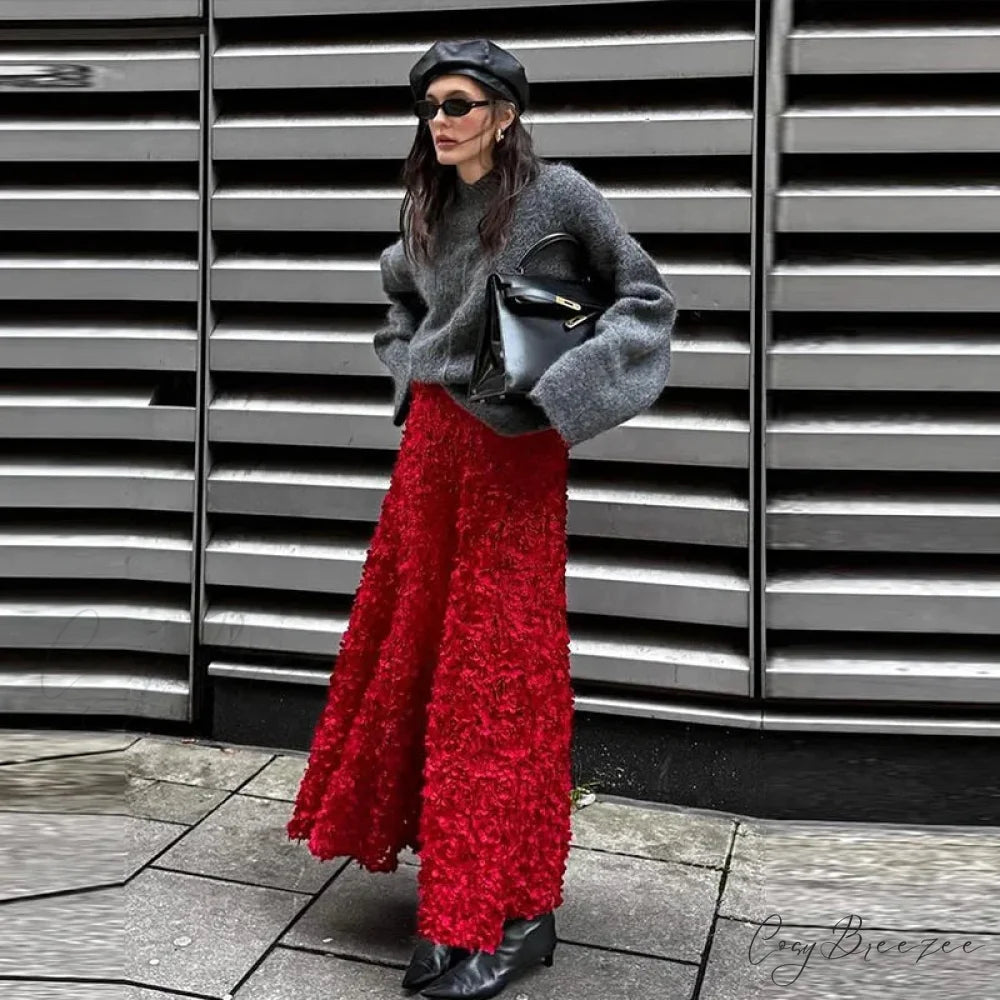 Elegant 3D Flower Solid A-Line Elastic High Waist Skirt Red / S skirt-250126