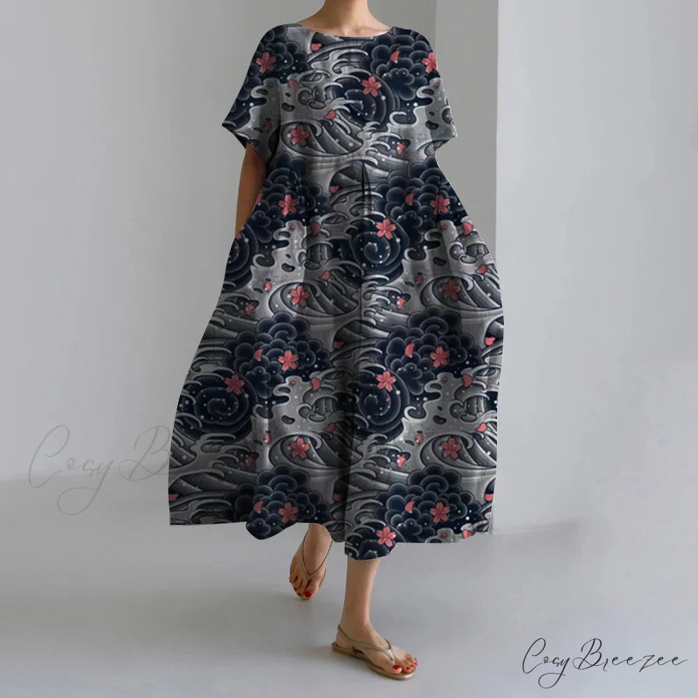 Elegant Autumn Retro Floral Print Round Neck Evening Dress blue1 / S oldfloraldress-250126