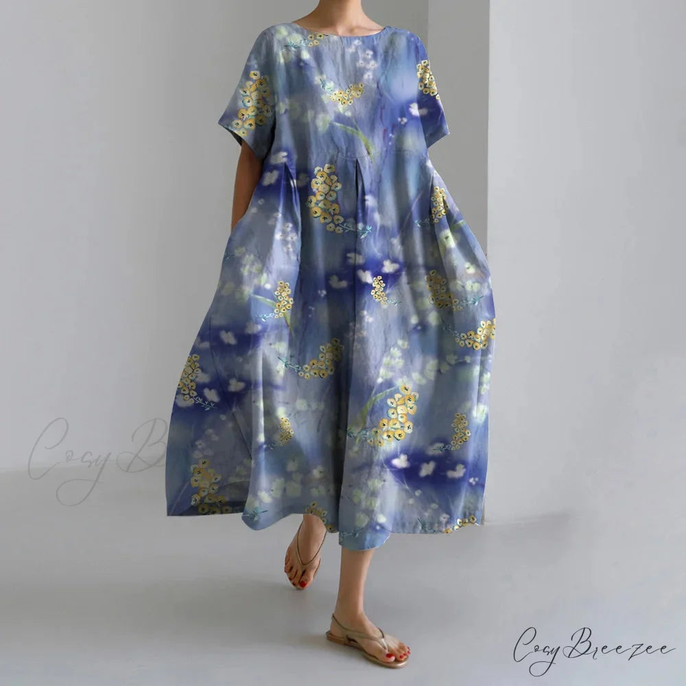 Elegant Autumn Retro Floral Print Round Neck Evening Dress blue2 / S oldfloraldress-250126
