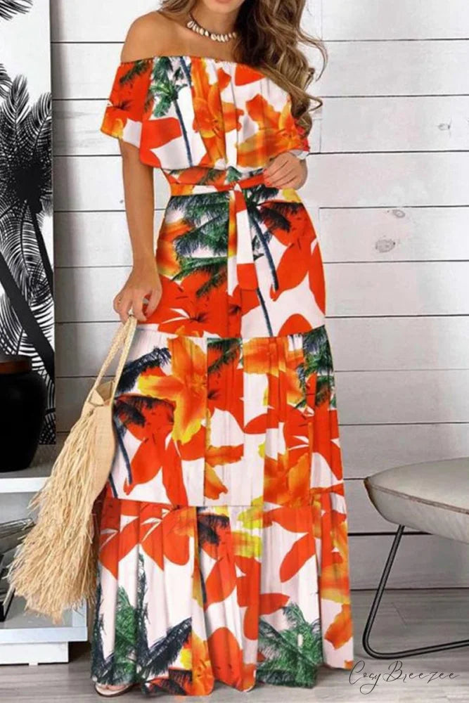 Elegant Bandeau Graceful Floral Maxi Dress Orange / S