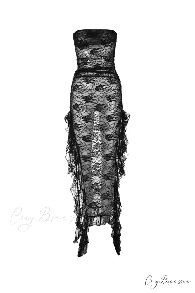 Elegant Black Lace Floral Ribbon Strapless Dress with Slit