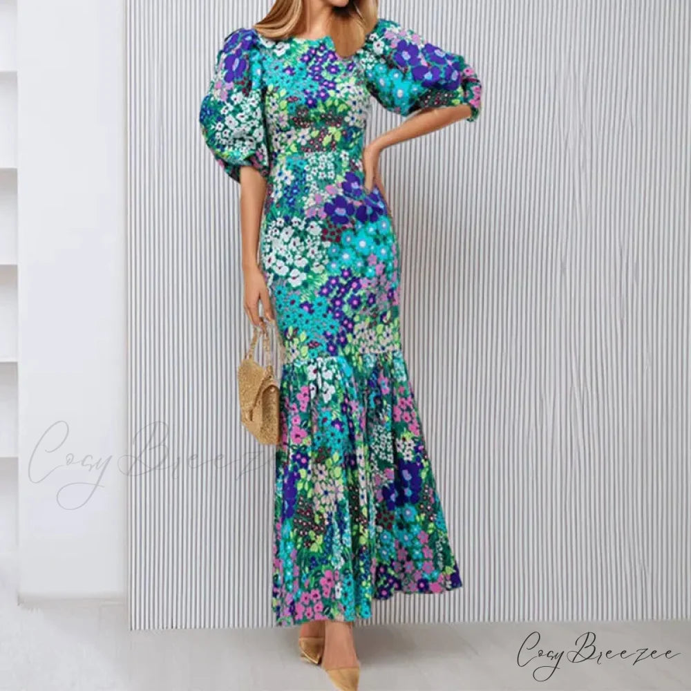 Elegant Blue Floral Lantern Sleeve Dress oldfloraldress-250126