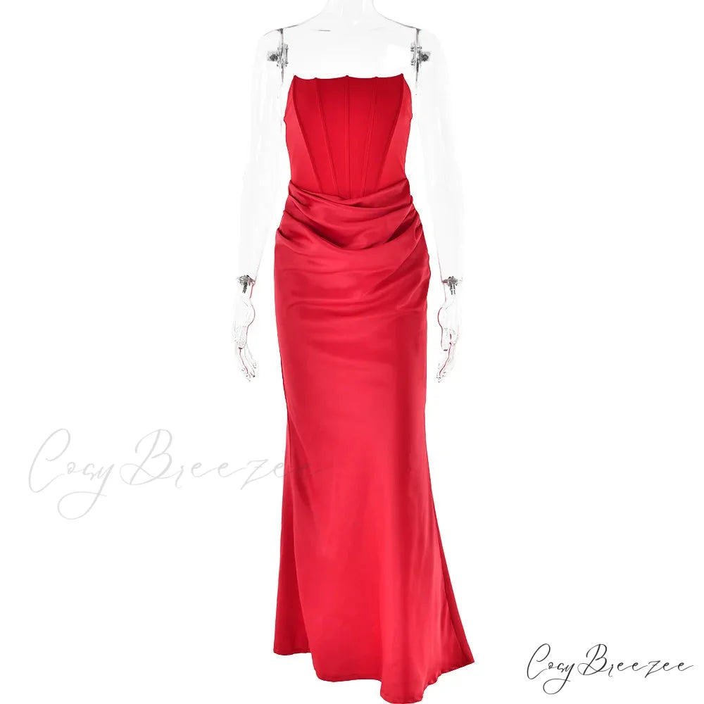 Elegant Corset Strap Neck Backless Maxi Red Christmas Party Dress Red / S