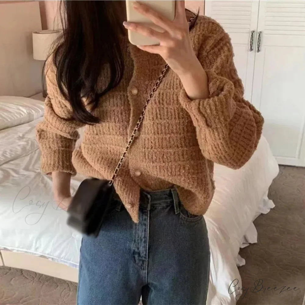 Elegant Cozy Tweed Knitted Loose Casual Solid Color Comfortable All-Match Sweater