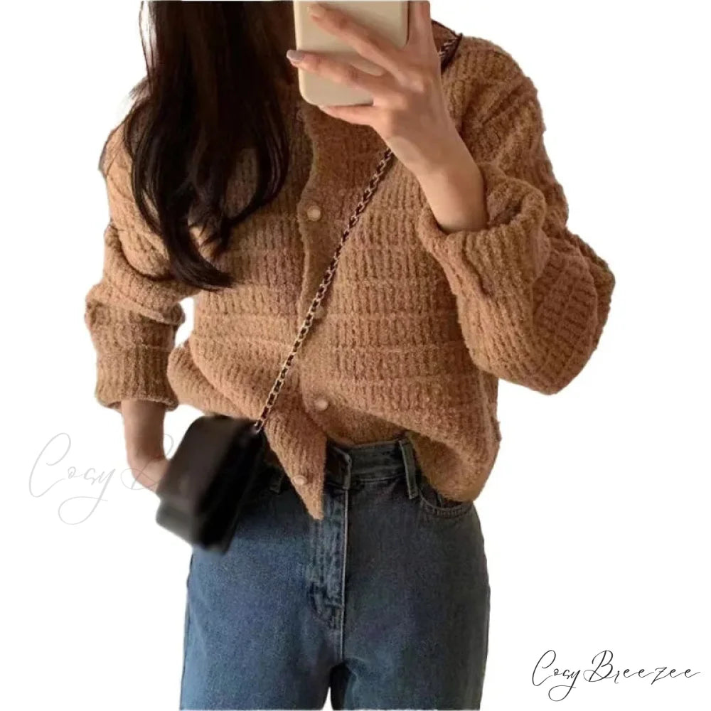 Elegant Cozy Tweed Knitted Loose Casual Solid Color Comfortable All-Match Sweater KHAKI / One Size
