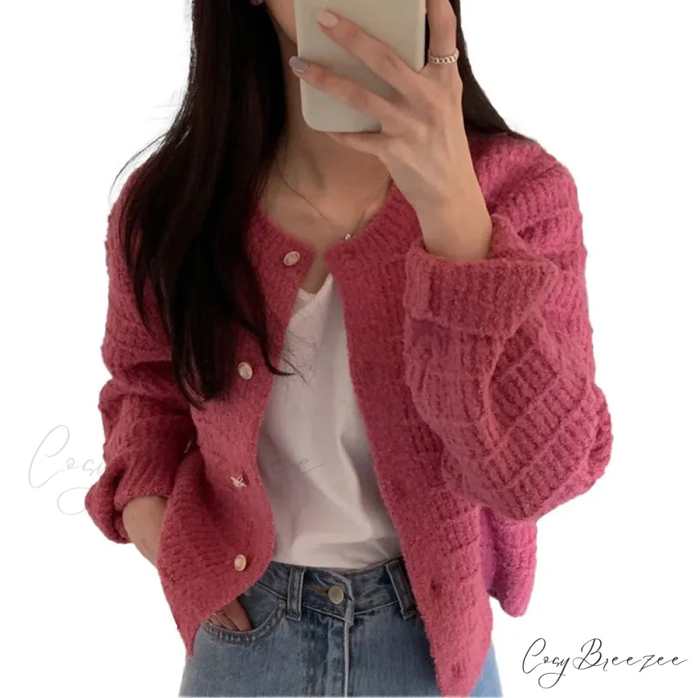 Elegant Cozy Tweed Knitted Loose Casual Solid Color Comfortable All-Match Sweater PINK / One Size