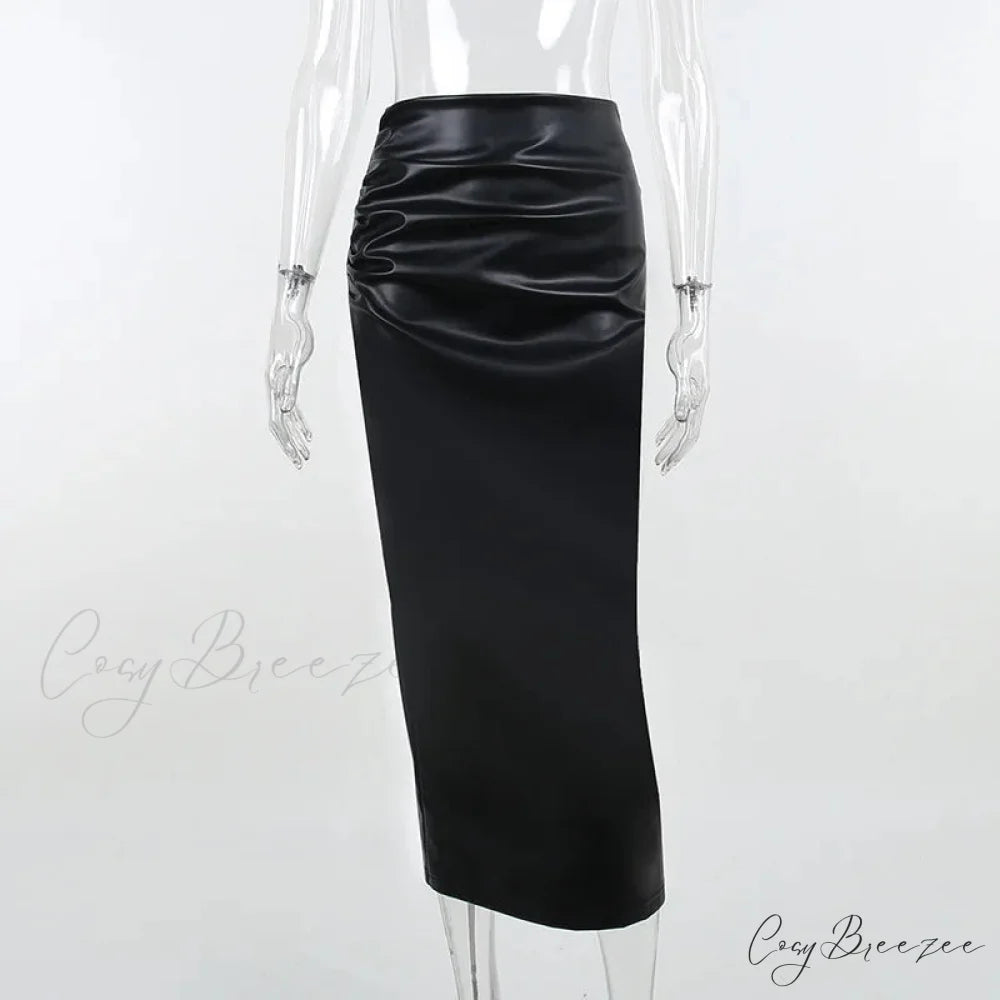 Elegant Fashion Ruched Slim High Waist PU Leather Black Trendy Midi Skirt