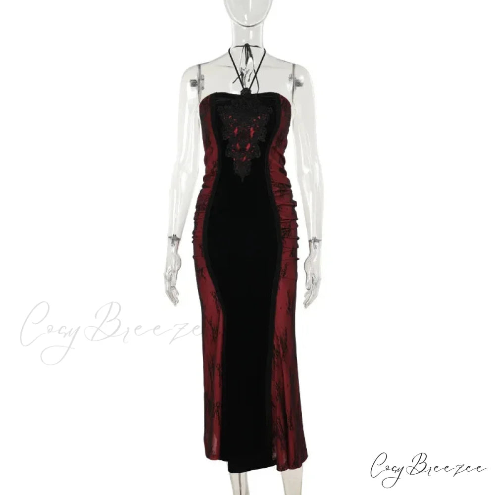 Elegant Fashion Tight Halter Mermaid Hot Sweet Corset Mesh Maxi Gothic Pleated Bodycon Party Gown Dress Red / S