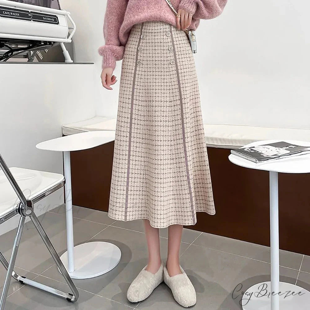 Elegant Fashionable Plaid High-Waisted New Trendy Autumn Winter A-line Swing Skirt Beige / S